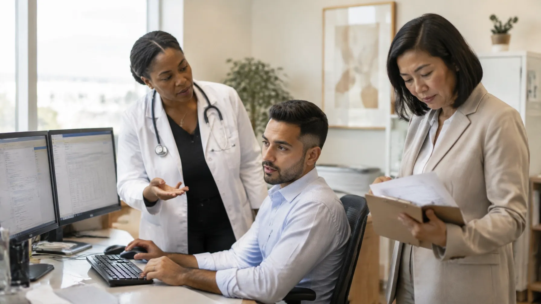 Three diverse healthcare professionals reviewing clinical and practice information together